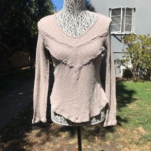 Pleione Tan Lace Trimming Long Sleeve Top